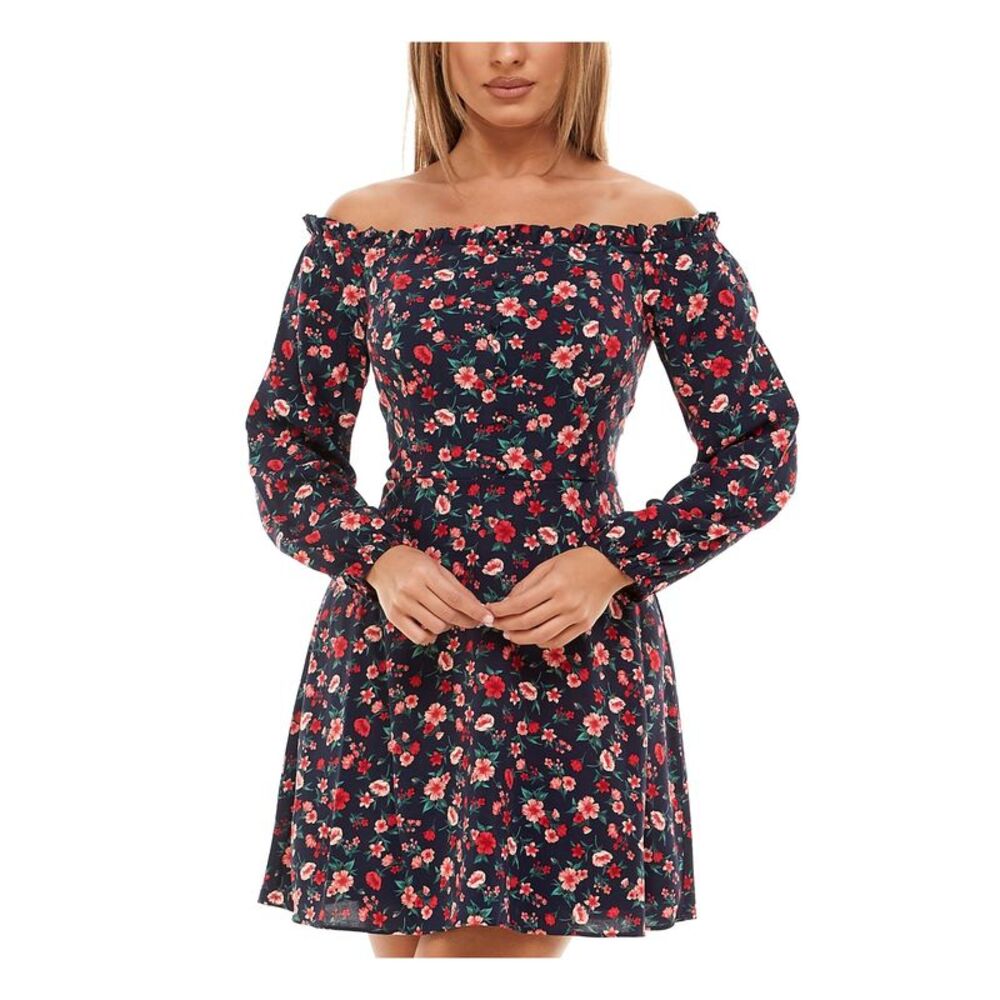 NWT B DARLIN Womens Fit + Flare Short Dress Navy Long Sleeve Evening Juniors 0 - Picture 1 of 5